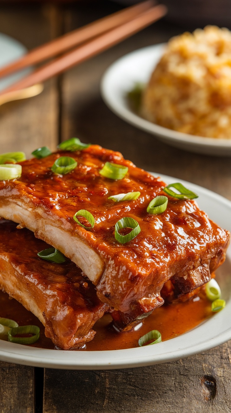 Tender sweet and sour pork ribs on a plate, garnished with green onions, served with fried rice.